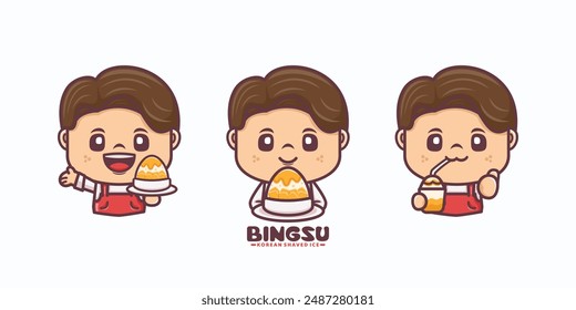 lindo diseño de personajes de dibujos animados con bingsu de hielo afeitado coreano. ilustraciones de dibujos animados con diferentes poses y expresiones