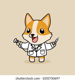 Cute cartoon character design Pembroke Welsh Corgi dog in Doctor costume