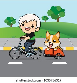 Cute cartoon character design Pembroke Welsh Corgi dog in Dog cart with a boy ridding bicycle in public park