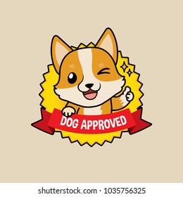 Cute cartoon character design Pembroke Welsh Corgi dog on badge design action thumb up , dog approved symbols ,flat style, guarantee vector illustration