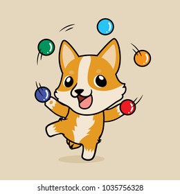 Cute cartoon character design Pembroke Welsh Corgi dog ,playing with balls like a juggler