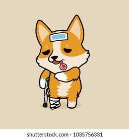 Cute cartoon character design Pembroke Welsh Corgi dog get sick and broken leg. use cooling fever patch on forehead