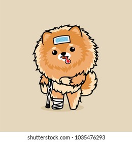 Cute cartoon character design Pomeranian dog get sick and broken leg. use cooling fever patch on forehead