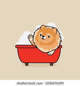 Cute cartoon character design Pomeranian dog in tub take a bath in yellow tub with  soap bubbles