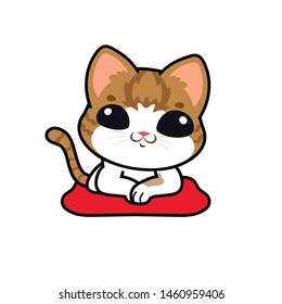 Cute cartoon character design Scottish Fold kitten,sitting and smile on the soft red pillow ,vector illustration