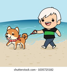 Cute cartoon character design Shiba Inu dog walking with a boy at beach