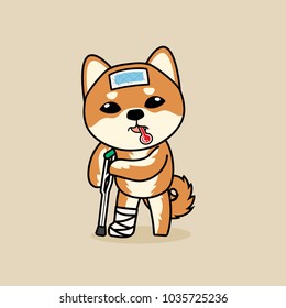 Cute cartoon character design Shiba Inu dog get sick and broken leg. use cooling fever patch on forehead svg
