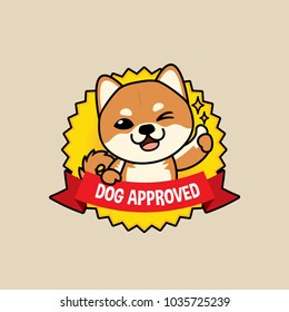 Cute cartoon character design Shiba Inu dog on badge design action thumb up , dog approved symbols ,flat style, guarantee vector illustration