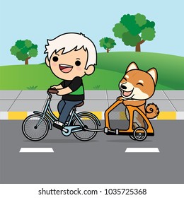 Cute cartoon character design Shiba Inu dog in Dog cart with a boy ridding bicycle in public park