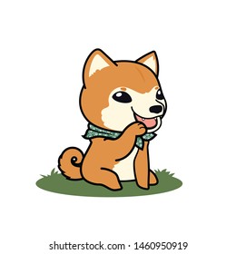 Cute cartoon character design Shiba dog sitting on the ground wearing Japanese style green scarf , side view , vector illustration