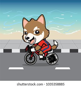 Cute cartoon character design Siberian Husky dog action ridding a bicycle on street , beach background