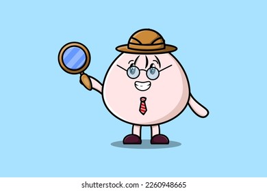 Cute cartoon character Dim sum detective is searching with magnifying glass
