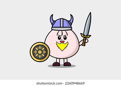 Cute cartoon character Dim sum viking pirate with hat and holding sword and shield illustration