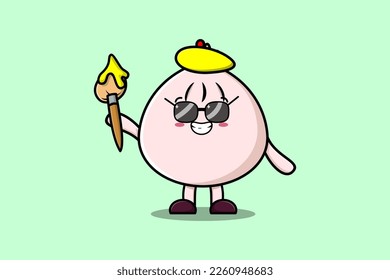 Cute cartoon character Dim sum painter portraitist with hat and a brush to draw in cute design style design