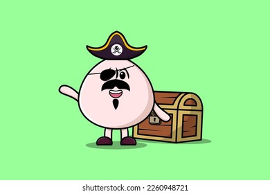 Personaje de dibujos animados dim sum pirata con ilustración de la caja del tesoro en un diseño de estilo moderno