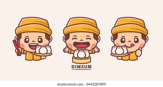 Cute cartoon character with dimsum steamed buns, vector illustration in outline style, perfect for culinary identity, cartoon icon, sticker, etc.