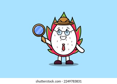 Cute cartoon character Dragon fruit detective is searching with magnifying glass