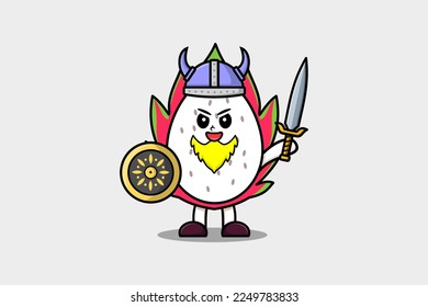 Cute cartoon character Dragon fruit viking pirate with hat and holding sword and shield illustration
