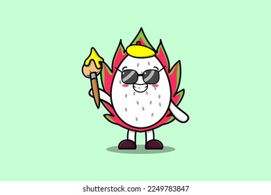 Personaje de dibujos animados Dragón retratista de frutas con sombrero y un cepillo para dibujar