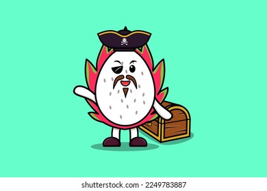 Personaje de dibujos animados de dibujos animados Dragon pirata frutal con ilustración de la caja del tesoro en un diseño de estilo moderno