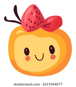 A cute cartoon character drawing that resembles a light orange fruit or dessert with big round eyes, pink cheeks, and smile.