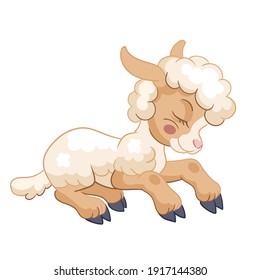 Cute cartoon character dreaming lamb. Vector illustration isolated on white background. For postcard, posters, nursery design, greeting card, stickers, room decor,t-shirt,kids apparel, invitation,book