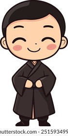 A cute cartoon character dressed in a traditional black robe, standing with a happy expression. The character has a round face with rosy cheeks, simple black hair, and is smiling with closed eyes. The