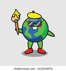 Cute cartoon character Earth painter with hat and a brush to draw in cute design style design