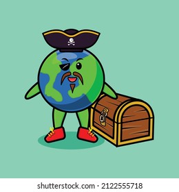 Cute cartoon character Earth pirate with treasure box in modern style design
