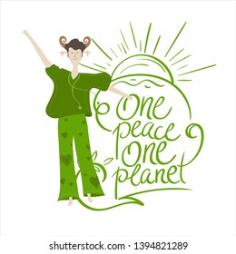 Cute Cartoon Character and Eco Lettering. For Print and Web. Ecology Concept for Earth Hour, Earth Day, Ocean Day and other ECO dates. Vector Illustration.