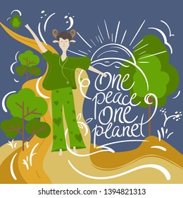 Cute Cartoon Character and Eco Lettering. For Print and Web. Ecology Concept for Earth Hour, Earth Day, Ocean Day and other ECO dates. Vector Illustration.