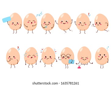 Cute cartoon character Egg. Set with different emotions. Cartoon, comic, animation. Vector graphics. For advertising, children's decor, packaging, brochures.