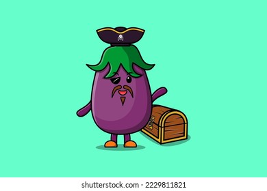Cute cartoon character Eggplant pirate with treasure box illustration in modern style design