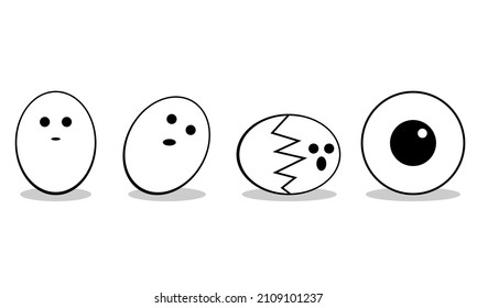 Cute personaje de caricatura huevos crack de pollo a huevo frito en fondo blanco diseño de vectores de icono negro plano.