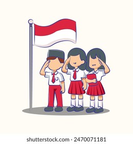 cute cartoon character elementary school children are being respectful for  indonesia independence day