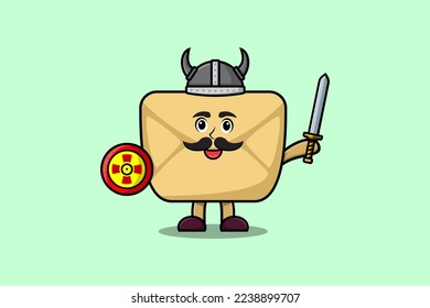 Cute cartoon character Envelope viking pirate with hat and holding sword and shield illustration