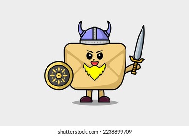 Cute cartoon character Envelope viking pirate with hat and holding sword and shield illustration