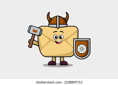 Cute cartoon character Envelope viking pirate with hat and holding hammer and shield