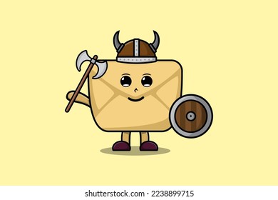 Cute cartoon character Envelope viking pirate with hat and holding ax and shield