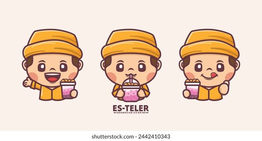 Cute cartoon character with es teler indonesian ice drink, vector illustration in outline style, perfect for culinary identity, cartoon icon, sticker, etc.