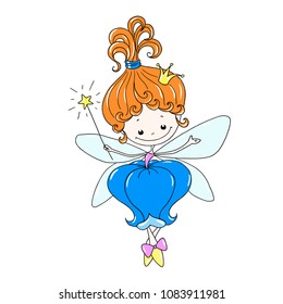 Cute cartoon character fairy. Flower fairy with a magic wand. Fairy in a floral dress. Mythical creature with wings. Vector isolated, hand drawing.