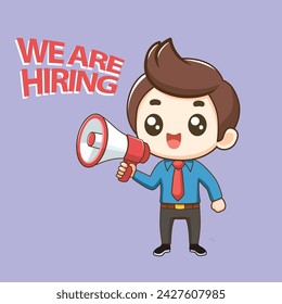 Cute cartoon character flat vector illustration of a manager employee staff announcing a Job vacancy, office worker with megaphone speaker is hiring.