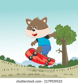 Cute cartoon character fox skater. Vector print with cute bear on a skateboard. Can be used for t-shirt print, kids wear fashion design, fabric textile, nursery wallpaper and other decoration.