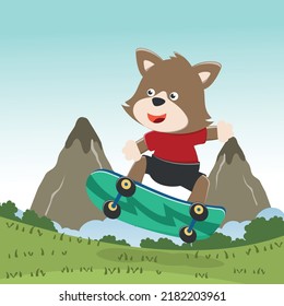 Cute cartoon character fox skater. Vector print with cute bear on a skateboard. Can be used for t-shirt print, kids wear fashion design, fabric textile, nursery wallpaper and other decoration.