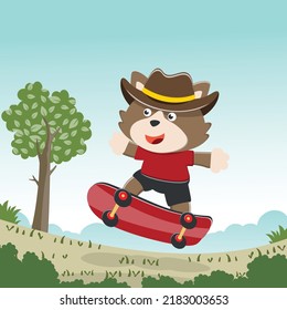 Cute cartoon character fox skater. Vector print with cute bear on a skateboard. Can be used for t-shirt print, kids wear fashion design, fabric textile, nursery wallpaper and other decoration.