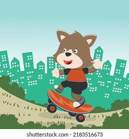 Cute cartoon character fox skater. Vector print with cute bear on a skateboard. Can be used for t-shirt print, kids wear fashion design, fabric textile, nursery wallpaper and other decoration.