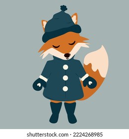 Cute cartoon character fox with winter outfit funny vector illustration