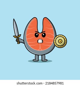 Cute cartoon character Fresh salmon holding sword and shield in modern style design