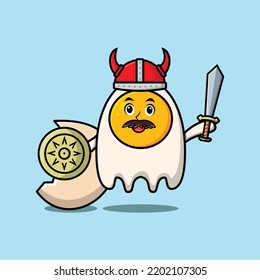 Cute cartoon character Fried eggs viking pirate with hat and holding sword and shield illustration