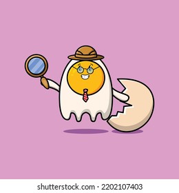 Cute cartoon character Fried eggs detective is searching with magnifying glass